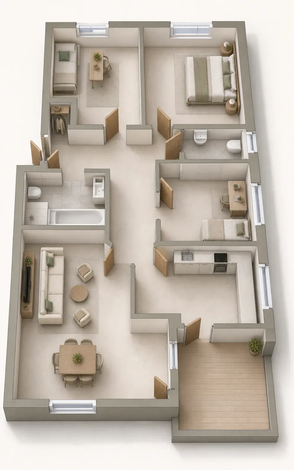 Isometrischer 3D-Grundriss des Typengrundrisses (möblierte Darstellung)